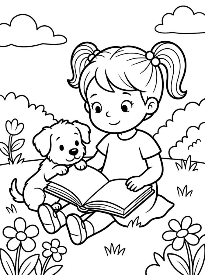 Dibujo para colorear de una niña leyendo con su perrito