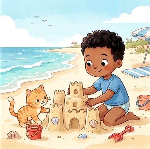 Otro personaje: en la playa con su gatito